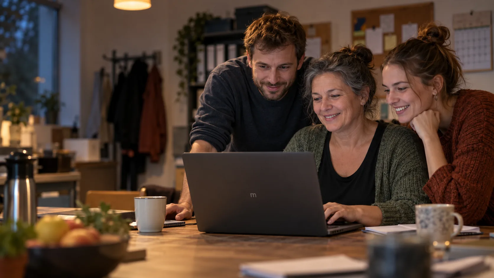 Drei Kolleginnen und Kollegen sitzen abends am Küchentisch ihrer Einrichtung vor einem Laptop, eine Frau tippt, die beiden anderen beugen sich dazu und lachen.