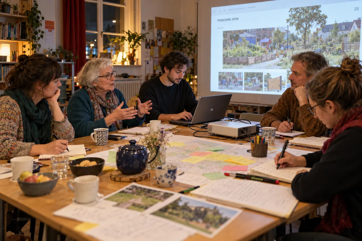Eine Initiative sitzt am langen Tisch über Stadtplänen und Notizzetteln, eine ältere Frau erklärt etwas, ein junger Mann arbeitet am Laptop.