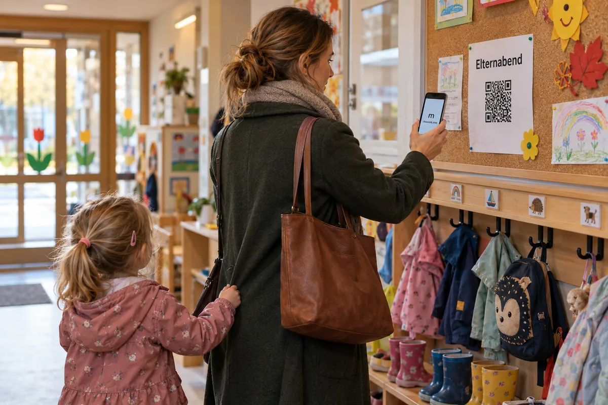 Eine Mutter scannt im Flur einer Kita mit dem Handy den QR-Code für den Elternabend, ihre kleine Tochter hält sich an ihrem Mantel fest.