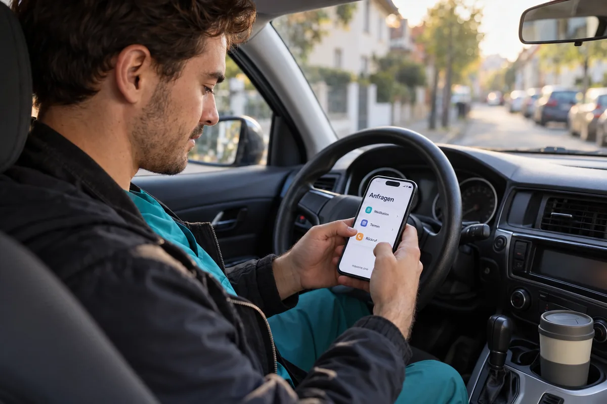 Ein Pfleger in Dienstkleidung sitzt im geparkten Auto und liest auf dem Handy die eingegangenen Anfragen.