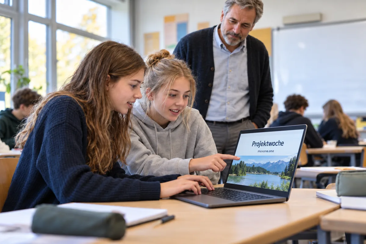 Zwei Schülerinnen gestalten am Laptop die Seite für ihre Projektwoche, ihr Lehrer steht dahinter und schaut zu.