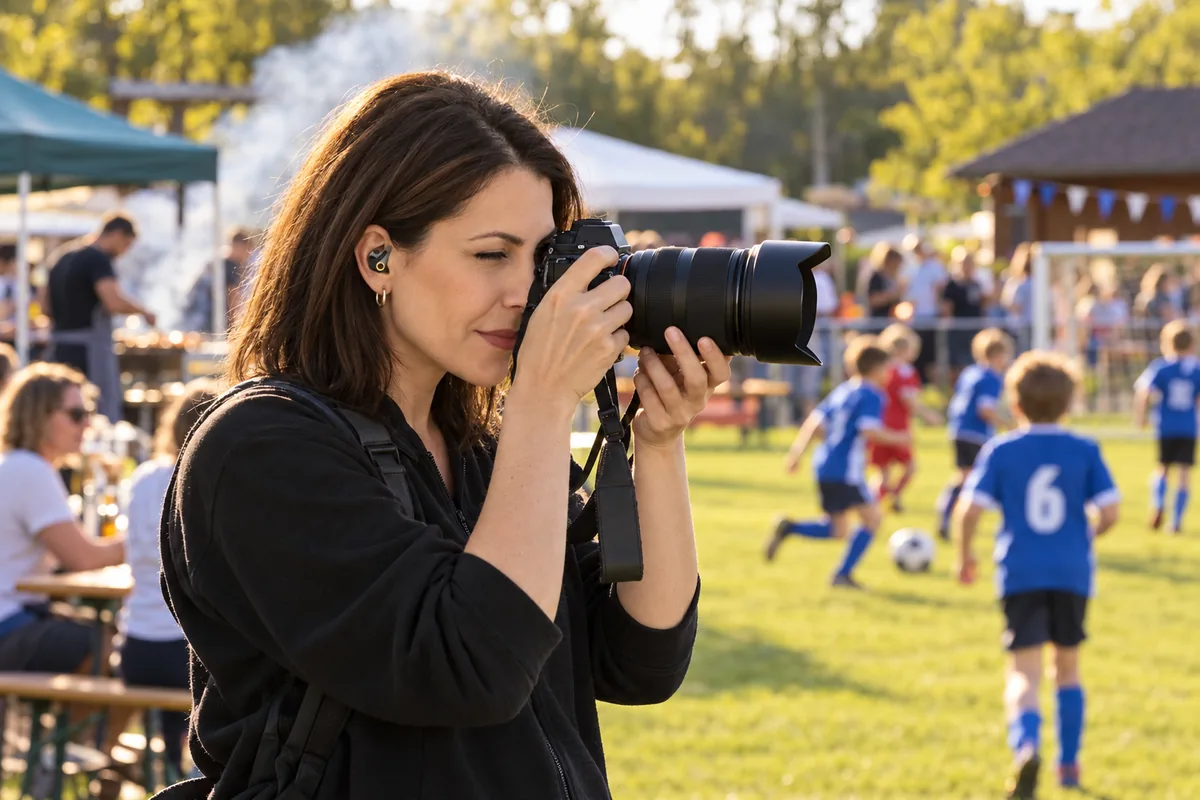 Eine Frau fotografiert beim Vereinsfest das Fußballspiel der Kinder, im Hintergrund stehen Zelte und Gäste.