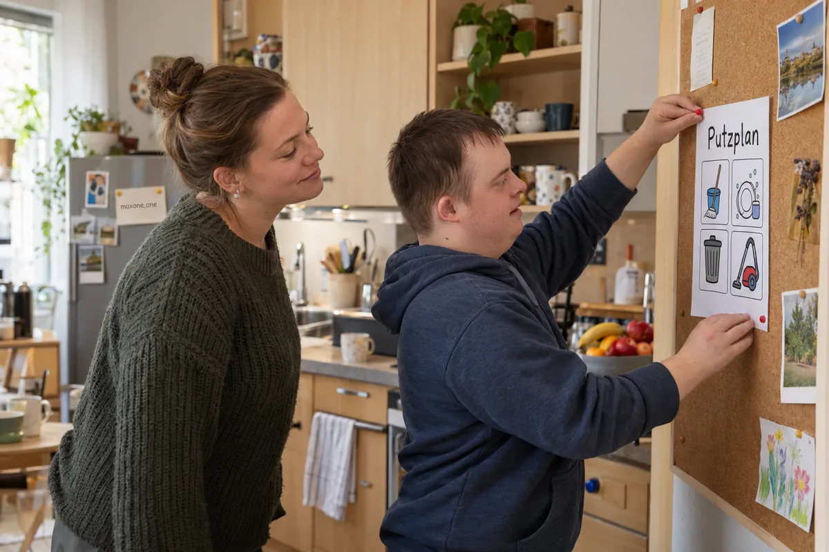 Ein junger Mann hängt in der Küche einer Wohngruppe einen Putzplan mit Bildsymbolen an die Pinnwand, eine Betreuerin schaut ihm zu.